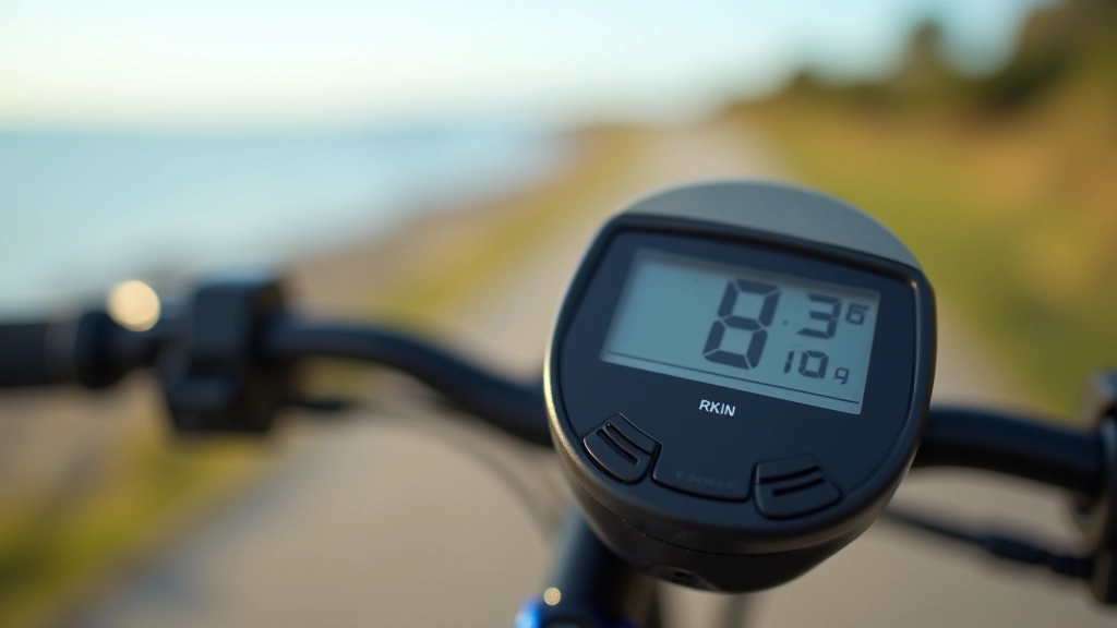 Medidor de distancia en bicicleta mostrando 8 kilómetros, con fondo de camino costero