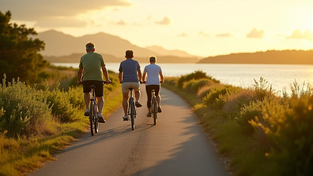 Ciclovía plana y segura junto a las aguas de la Laguna del Condado con ciclistas jubilados disfrutando del recorrido
