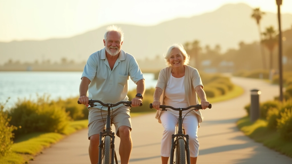 Pareja de jubilados disfrutando una mañana en bicicleta junto al agua