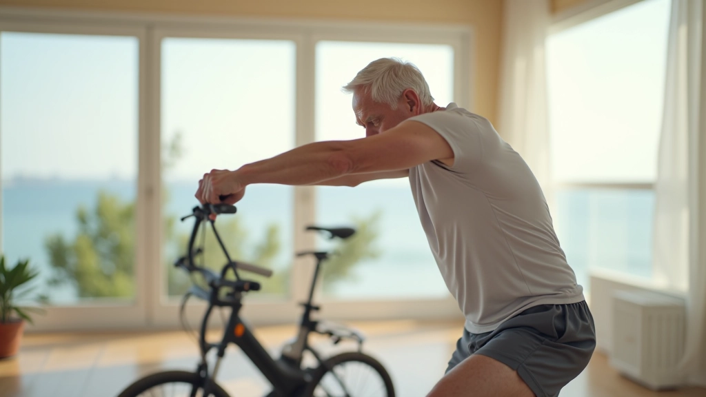 Adulto mayor en ropa deportiva estirando los cuádriceps, interior luminoso, piso de madera clara