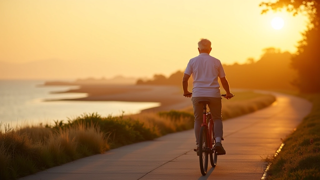 Persona adulta mayor andando en bicicleta en una ciclovía plana junto al agua al atardecer